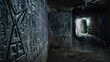 Cryptic runes carved into the walls of a forgotten underground. Burial places, ghosts, paranormal, remains of civilization, dust, dampness, underground structure, mysticism, fear. Generative by AI