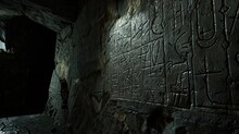 Cryptic Runes Carved Into The Walls Of A Forgotten Underground. Burial Places, Ghosts, Paranormal, Remains Of Civilization, Dust, Dampness, Underground Structure, Mysticism, Fear. Generative By AI