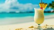 Tropical pina colada with a slice of pineapple and cherry on a sunny beach. Alcohol, glass, bar, club. Enjoy of aromatic drinks and company of friends concept. Generative by AI
