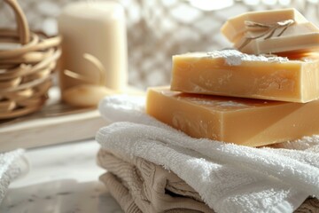 Poster - A stack of soap bars sitting on top of a pile of towels. Perfect for hygiene and bathroom concepts
