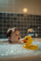 Poster - A little boy having a bath with a rubber duck. Perfect for children's hygiene products advertising