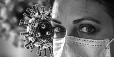 Poster - A woman wearing a face mask and looking at the camera. Suitable for health and safety concepts