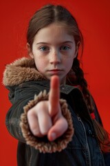 Poster - A young girl pointing directly at the camera. Suitable for various concepts