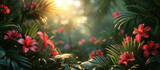 Fototapeta Tulipany - Tropical green plants and hawaiian hibiscus flowers on sun light background.	
