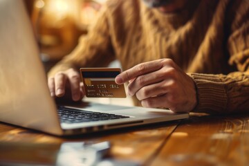Poster - A man holding a credit card while using a laptop. Suitable for financial concepts