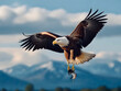 A flying eagle with its prey in its claws against a blurred background of snow-capped mountains