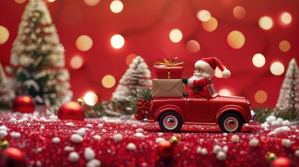 Poster - Toy Santa Claus driving a red car with a Christmas tree in the background. Perfect for holiday concepts