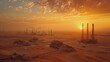 Industrial oil refinery in the desert at sunset, suitable for energy and environmental concepts