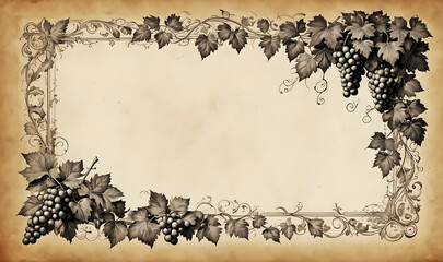 wine grape frame grapevine vine leaf old paper rustic decoration template wine list, advertising, gastronomy, vineyard, wine festival, tasting, winery, bistro, restaurant, wine cellar, viticulture