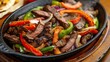 Sizzling fajitas with seasoned strips of bell pepper steak, appetizing, delicacy, food aesthetics, difficult to prepare. Culinary excellence, sophistication concept. Generative by AI