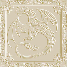 Ornamental Emboss 3d Chinese Dragon Gold Seamless Border Pattern Background With Vintage Frame. Zodiac Sign, Year Of The Dragon. Relief Embossed Grunge Vector Background. Decorative Dragon With Wing