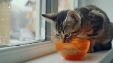 Cat Sits On The Windowsill And Eats Dry Food Tabby Kitten Eating From Orange Bowl Close Up