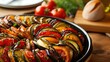 Ratatouille a traditional French stewed vegetable dish. Homemade dish, serving, close-up, diet and healthy food, proper nutrition. Culinary excellence, sophistication concept. Generative by AI