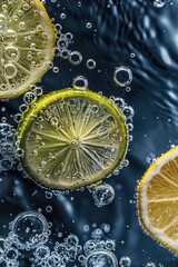 Canvas Print - Fresh lemon slices floating in clear water, perfect for food and beverage concepts