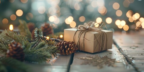 Aufkleber - A simple gift wrapped in brown paper on a wooden table. Suitable for various occasions and celebrations