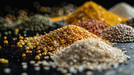 Poster - Assorted grains on a wooden table, suitable for food and nutrition concepts