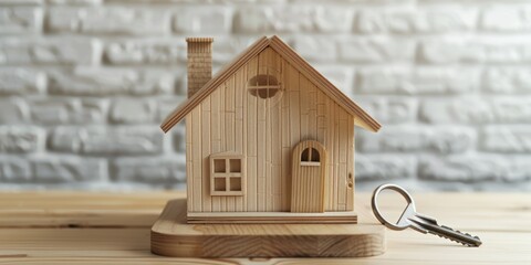 Poster - Wooden model of a house with a key in front. Ideal for real estate concepts