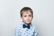Portrait of little boy with brown eyes in light blue shirt and bowtie, looking with a slight smile directly into the camera, light background