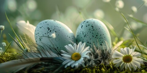 Poster - Close up of eggs in nest with colorful flowers, perfect for spring themes
