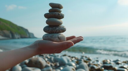 Poster - A person holding a stack of rocks on a sandy beach. Perfect for nature and relaxation concepts