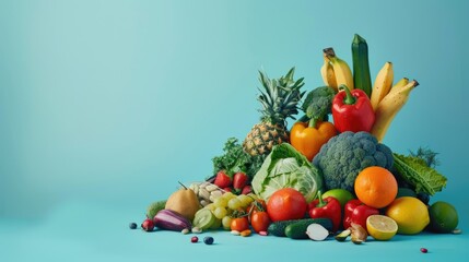 Wall Mural - Fresh produce on vibrant blue backdrop, perfect for healthy eating concept