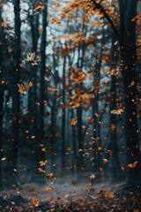 Poster - Forest scene with leaves flying, ideal for autumn themes