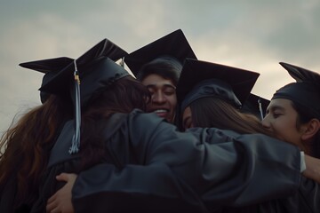 A group of students in graduation gowns celebrating graduation. Graduates embrace and congratulate each other