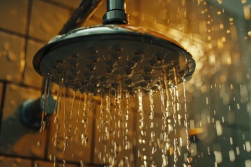 Poster - A shower head with water running down it. Perfect for bathroom design concepts
