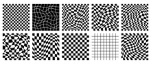Retro Psychedelic Black White Checkerboard Vector Backgrounds Set. Groovy Wavy Y2k Checkered Patterns