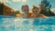 Two girls having fun in a pool with a colorful ball. Suitable for summer activities concept