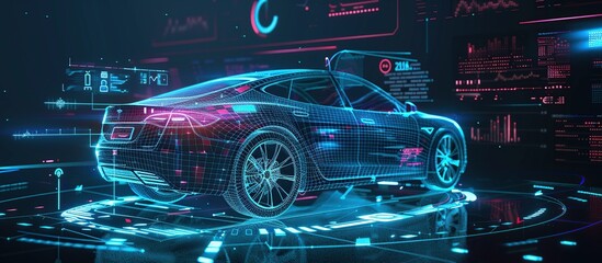 Poster - Futuristic car service, scanning, auto data analysis. Hologram Auto in HUD UI, UX style.