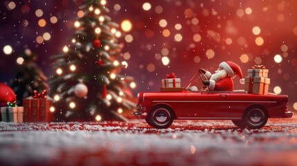 Poster - Festive toy Santa Claus driving a red car with gifts, perfect for holiday designs