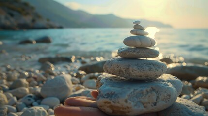 Poster - A person holding a stack of rocks on a sandy beach, ideal for nature and relaxation concepts