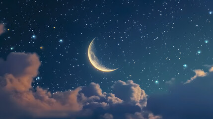 Poster - A serene night sky with a luminous crescent moon surrounded by glittering stars and soft clouds.