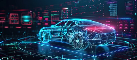 Poster - Scan and Maintenance Automobile in 3D visualization hologram. Futuristic auto service station.