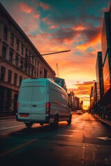 Poster - A white van driving down a street next to tall buildings. Ideal for transportation or urban cityscape concepts
