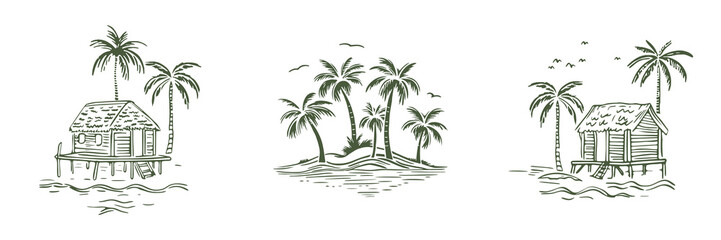 Hand drawn palm tree doodle element set. Colorful hawaiian clipart, isolated summer vacation collection in vintage art style. Tropical plant painting illustration bundle.	
