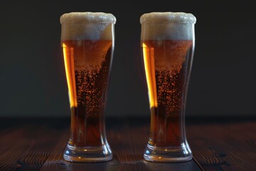 Poster - Two glasses of beer on a rustic wooden table, perfect for pub or brewery themes