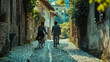 Couple taking a leisurely bike ride through a charming village, soaking in the local culture and slow pace of life 