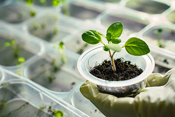 Wall Mural - small plant seedling in research lab held by hand in gloves. concept for biotechnology and genetic m