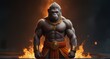 bodybuilder monkey king hanuman with golden round heavy metal mace orange scarf white dhoti is standing in front of a fire, appears as the fire goddess, goddess of fire, the fire