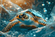 Plastic pollution in ocean environmental problem. Sea turtle entangled in plastic, environmental problem