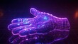 3d render techno neon purple blue glowing outline wireframe symbol of glove for work isolated on black background with glossy reflection on floor 