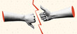 Halftone collage of a hand with thumbs up and thumbs down gestures. Banner with yes or no choice, torn paper collage.