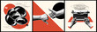 © Teodora ART - A set of posters in trendy halftone collage style. Contemporary minimalism. The concept of dialog, gossip. Hand gesture with finger up and down. Journalist writing on typewriter.
