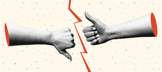 Aufkleber - Halftone collage of a hand with thumbs up and thumbs down gestures. Banner with yes or no choice, torn paper collage.