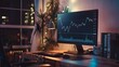 © Working Moments - Desktop Computer Monitor with Business candle stick graph chart of stock market investment trading standing at work place at home in the light dark room.