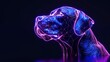 3d render techno neon purple blue glowing outline wireframe symbol of dog head isolated on black background with glossy reflection on floor 