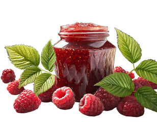 A jar with raspberry jam surrounded by raspberry fruits on a transparent background