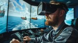 Fototapeta Panele - Simulator Training With Virtual Reality at Maritime Center